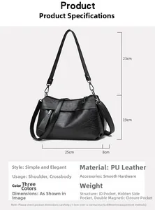 Size chart showing black PU leather bag dimensions 25x19x8cm with adjustable strap
