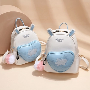 Mini white leather backpack with cute rabbit ears and blue heart-shaped front pocket