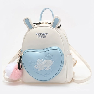 Cute mini white backpack with rabbit ears and heart pocket for girls in PU leather