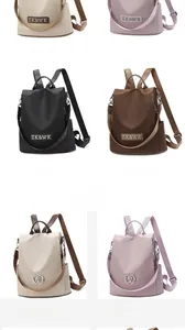 Dettagli di zaini in nylon impermeabile nei colori nero, rosa, kaki e caffè