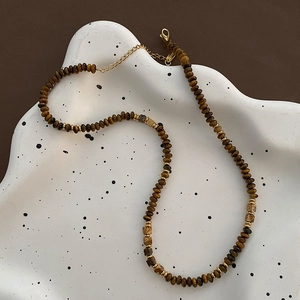 Tiger Eye Stone Beaded Necklace Titanium Steel Retro Maillard Style Choker Elegant Vintage Jewelry For Women Gift