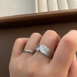 Feather Open Ring And Minimalist Band Titanium Steel Adjustable Retro Textured Jewelry For Men Women
