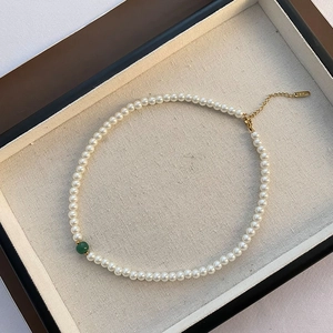 French style glass pearl necklace with green gemstone bead and K18 gold clasp