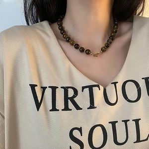 Natural Tiger Eye Stone Beaded Necklace With Golden Stainless Steel Toggle Clasp Vintage Aesthetic Jewelry For Women
