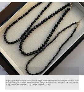 Three black onyx beaded necklaces with titanium steel clasps in 4mm, 6mm, and 8mm sizes