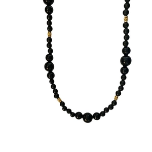 Minimalist black onyx beaded necklace with gold openwork accent beads for women