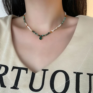 Beaded Necklace With Green Water Drop Gemstone Pendant Shell Natural Stone Freshwater Pearl Vintage Bohemian Style For Women