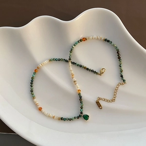 Agate shell beaded necklace with green gemstone pendant and K18 gold lobster clasp