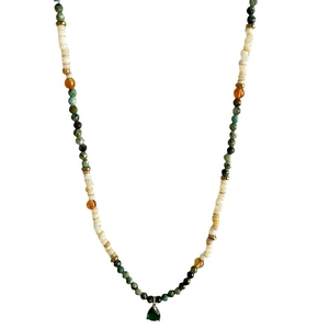 Bohemian beaded necklace with shell, amber beads, and green pear-shaped gemstone pendant