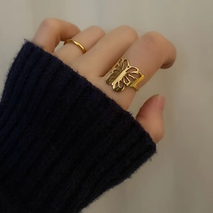 Hollow Butterfly Ring And Simple Band Titanium Steel Gold Plated Trendy Fashion Finger Jewelry For Women