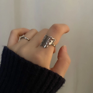 Minimalist silver butterfly open ring set with hollow design in polished stainless steel