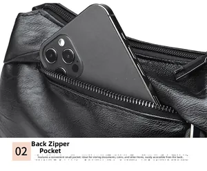 Macro detail of the back anti-theft zipper pocket on black lychee leather handbag