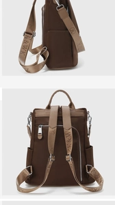 Dettaglio dello zaino antifurto in nylon marrone con spalline intrecciate e zip argentate