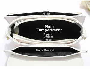 Vue intérieure montrant les compartiments et poches zippées du sac bandoulière en cuir blanc