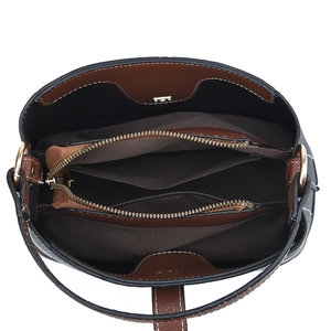 Brown and black leather bucket bag interior with double zip dividers and golden hardware