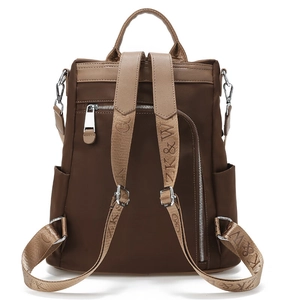 Zaino antifurto marrone da donna con zip posteriore e spallacci in tessuto logato