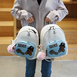 Mini cartoon bear backpack in white and light blue PU leather with sequin details