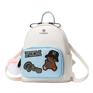Mini cute cartoon bear backpack for women in ivory white and light blue PU leather