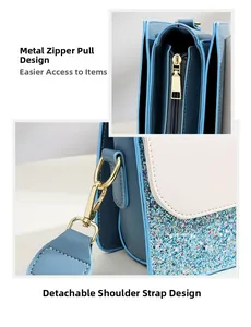 Detail of glittery blue crossbody bag showing gold zipper pull and detachable strap hooks