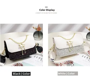 Comparison of black and white glitter flap bags with cat charms and embroidered straps