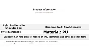Detailed spec sheet showing material PU and internal pockets for this stylish bag