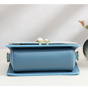 Close-up of sky blue and cream crossbody bag with pearl buckle and gold hardware