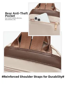 Detail of backpack showing anti-theft back pocket and reinforced shoulder strap stitching