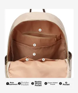 Detail view of the beige backpack interior showing five functional pockets and lining