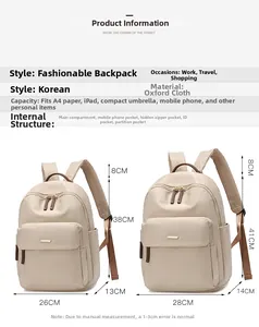 Size comparison chart for oxford fabric backpacks showing dimensions and storage capacity