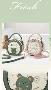 Detail of round crossbody bags in green and pink with teddy bear patch and chain strap