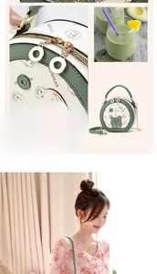 Detail of mint green round crossbody bag with cartoon bear print and leather texture
