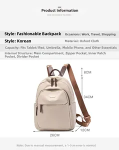 Tableau des tailles détaillé et structure interne du sac à dos en tissu Oxford beige