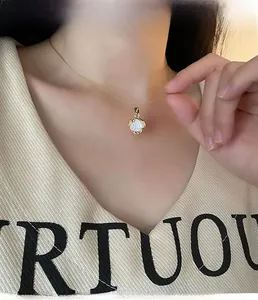 Gros plan détaillé d'un collier pendentif coquillage doré porté sur un pull en maille