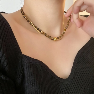 Double Layer Tiger Eye Stone Necklace For Women Titanium Steel Snake Chain Bead Choker Round Ball Pendant Vintage Style
