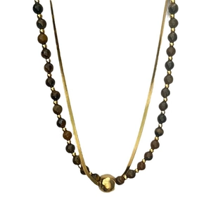 Double-layered tiger eye necklace with golden snake chain and vintage beaded design
