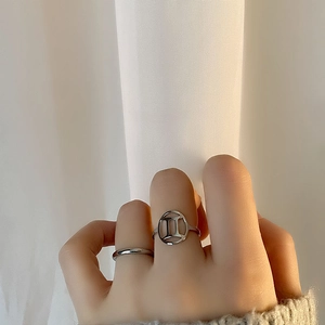 Gemini zodiac titanium steel ring set with minimalist polished silver finish for women