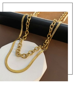 Détail d'un collier double rang doré exposé sur un socle de présentation octogonal