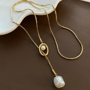 Artificial Baroque Pearl Pendant Necklace Titanium Steel Gold Plated Snake Bone Chain Long Sweater Jewelry Geometric Minimalist For Women
