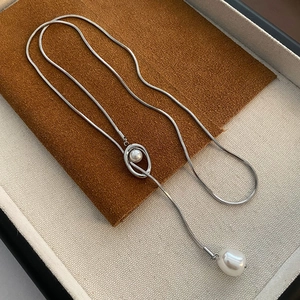 Minimalist stainless steel pearl necklace with snake chain and adjustable slide clasp