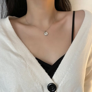Minimalist Crescent Moon Round Pendant Necklace Titanium Steel Snake Chain With Mother Of Artificial Pearl Shell Inlay For Women