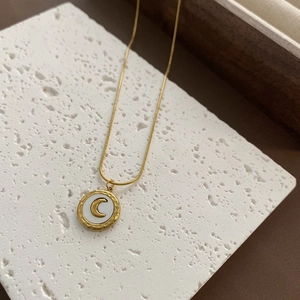 18K gold plated celestial moon pendant necklace with shell inlay on white stone