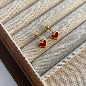 Red Heart Pendant Earrings Titanium Steel With Silver Earring Post Korean Style Retro Elegant For Women Girls