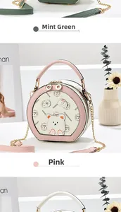 Detailed view of mint green and pink round shoulder bags with cute cartoon bear prints