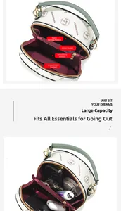 Internal structure of a round crossbody bag showing organized storage compartments