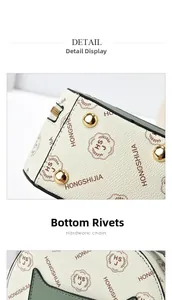 Detail view of printed leather bag base with golden protective metal rivets