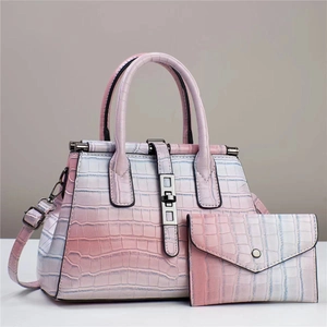 Pink and white gradient croc-embossed tote bag set with matching envelope pouch and hardware