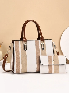 Sac À Main Rayé Pour Femmes Et Portefeuille En Cuir PU Tissu Tissé Grand Cabas Sac Bandoulière Rétro Minimaliste