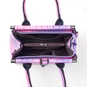 Interior view of gradient handbag showing multiple compartments and crocodile pattern