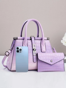 Chic purple gradient faux crocodile tote bag with matching envelope wallet and shoulder strap