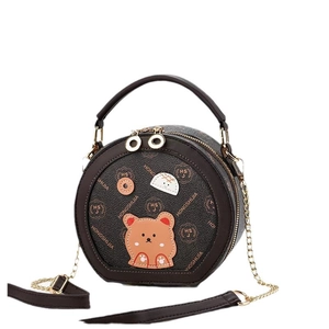 Classic round crossbody bag in brown PU leather with cute bear patch and chain strap